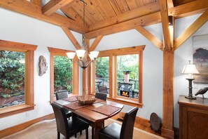 Dining with views of mountains and outside fireplace