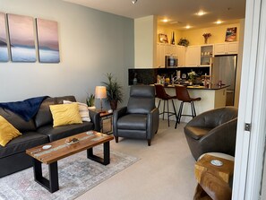 Comfortable living room with all new leather furniture 