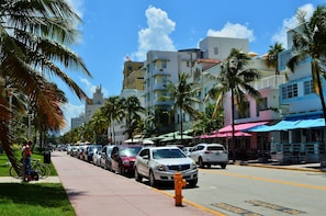 Property building sits on the famous Ocean Drive strip, steps from the ocean and with plenty of restaurants and shoppes to choose from