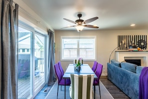The fun and comfortable design continues in the sunlit dining area.