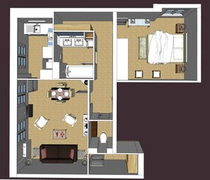 646 sq.feet, very spacious rooms, plenty of closet and storage space.