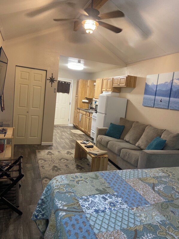 Entire length of cabin from king bed looking towards front door