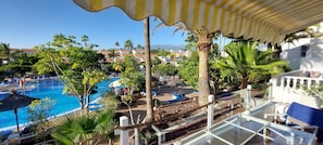 The view from the villa terrace and bedrooms at the rear looking onto the pool