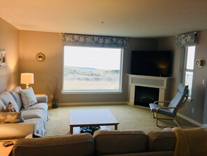 Large smart TV and fireplace