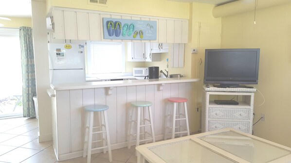 Fun, beachy kitchen bar area