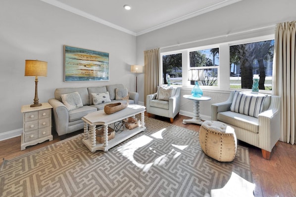 End Unit ~ Bright & Cozy Living Room filled with Sunshine with Private Patio off the Living Room