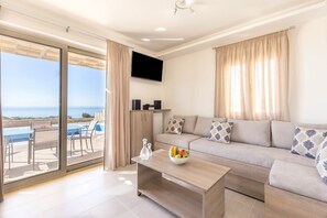 Villa with sea views,Triopetra,Rethymno,Living room with swimming pool view