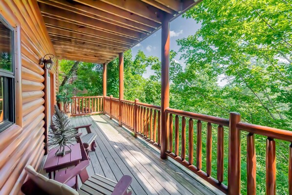 The lower level deck keeps you grounded to nature. Enjoy a crisp morning with birds chirping and squirrels jumping from limb to limb.