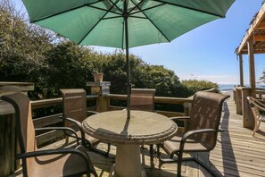 We have two outdoor dining tables on our large backyard deck.