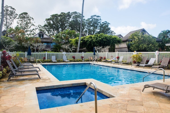 Pool, Jacuzzi and tons of room to toss the ball around, play hackeysack or just lounge in the grass outside the pool.