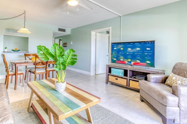 Bright and beachy living and dining area