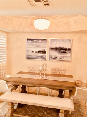 Comfortable dining set seats 6. Everyone loves our soft, cushioned seating!