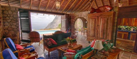 The living room has views of BOTH Pitons and the blue Caribbean. Spectacular!