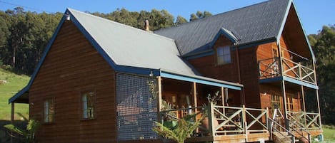 Great view of the house from the rock table and chairs 