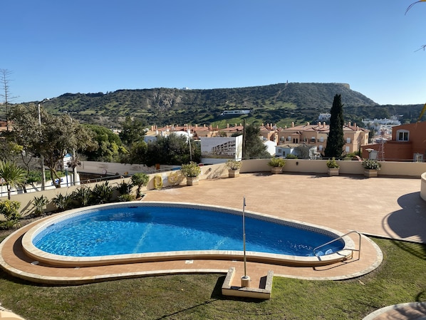 View from the balcony of the shared pool terrace and the scenery beyond.