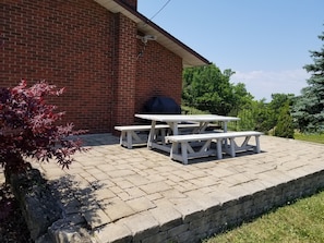 Patio seating for 12 and a Napoleon bbq