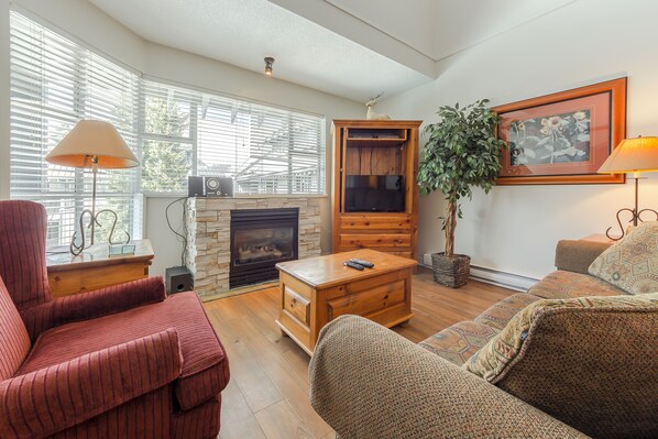 Cozy and comfortable living room with lofted ceiling.
