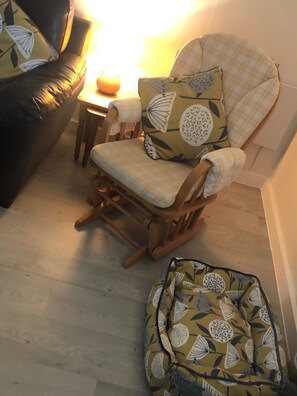 Lounge rocking chair and matching dog bed.