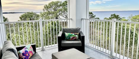 5th floor corner balcony overlooking the bay and the pines