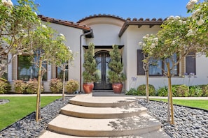 Appx1/4 acre privacy
Back yord fenced with fruit trees  and dining area