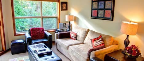 Living room with sofabed and gas fireplace