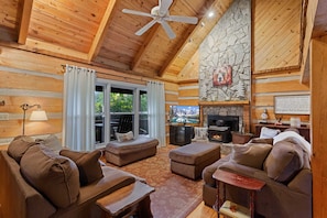 Living Room with Wood Burning Fireplace, TV