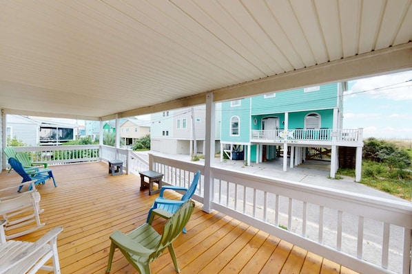 Hollis House has a large deck to enjoy the Ocean breezes and enough room for the entire crew to relax after a day at the beach