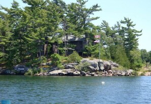 View from bay of Kyoshk cabin and flagpole.