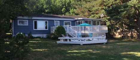 Freshly painted exterior, with expansive deck