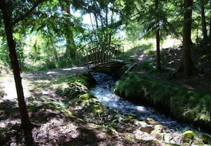 Creek with wooden bridge beside cabin