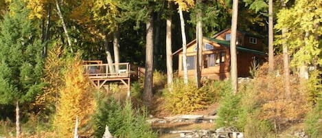 Autumn view of cabin from lake