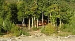 Summer view of cabin from lake