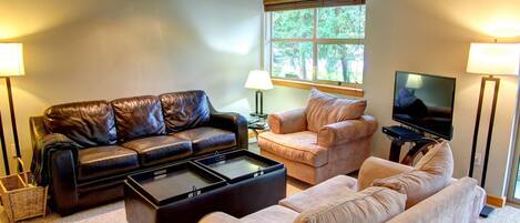 Living room with sofabed and gas fireplace