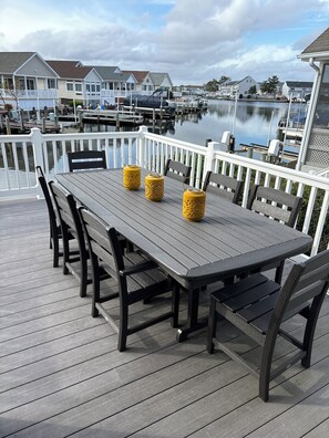 Large table for 8 for outside dining. A fold up table is also available.