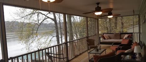 The screened in, mosquito proof porch, has beautiful views of the water and various wildlife, including a local family of bald eagles.

There is also a bed swing that provides relaxing afternoon naps.

Morning sunrise and evening sunset are awesome.