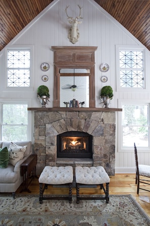 Great room fireplace as featured in Cottage Journal magazine, Winter 2017.