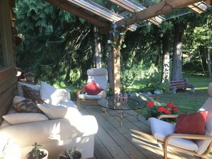 Cozy covered patio with skylights.