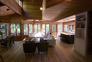 Living Room (main floor), dining on far left and kitchen on right
