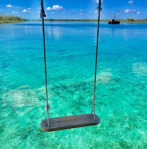 Swinging over the bonefish flats of Fresh Creek