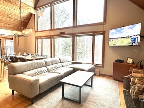 open living spaces, wood burning fireplace, great views