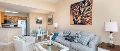 Open living room area with high ceilings