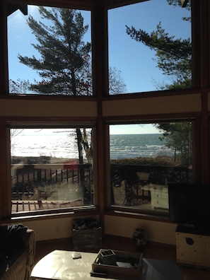 Large lakefront windows provide a stunning view of the lake in a natural setting