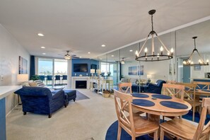 A comfortable living space with a sleeper sofa
