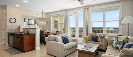 Fabulous front row ocean front views from the kitchen dining, living room & master bedroom.