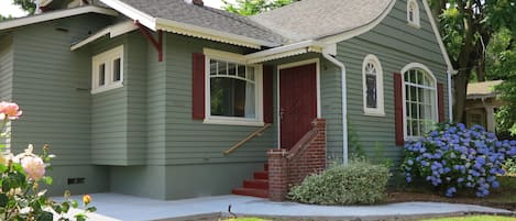 The tudor cottage exterior has a charming, fairy tale feel