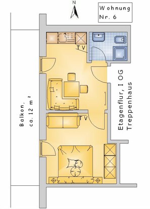 Ferienwohnung (6) ca. 35 qm mit Balkon-Grundriss