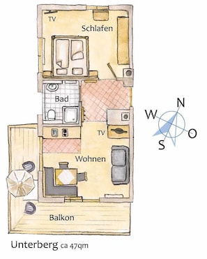 Unterberg - 2-Zimmer Familien-Appartement, Extra-Schlafzimmer und Balkon-Grundriss App. Unterberg
