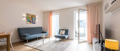 Ferienwohnung 61 qm, 1 Schlafzimmer und Balkon mit Blick auf den Kurpark-Wohnraum