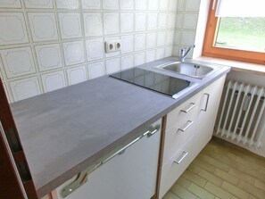 Ferienwohnung 50 qm separates Schlafzimmer und Süd-Terrasse im Erdgeschoss-Küche