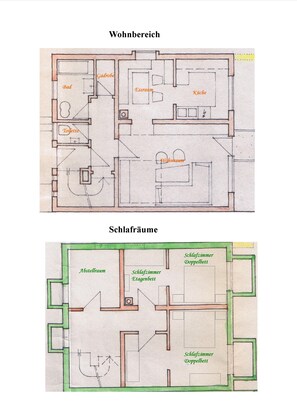 Ferienwohnung, 100 qm 2-6 Personen, Terrasse-Grundriss der 2 Etagen der Ferienwohnung Haus Monika